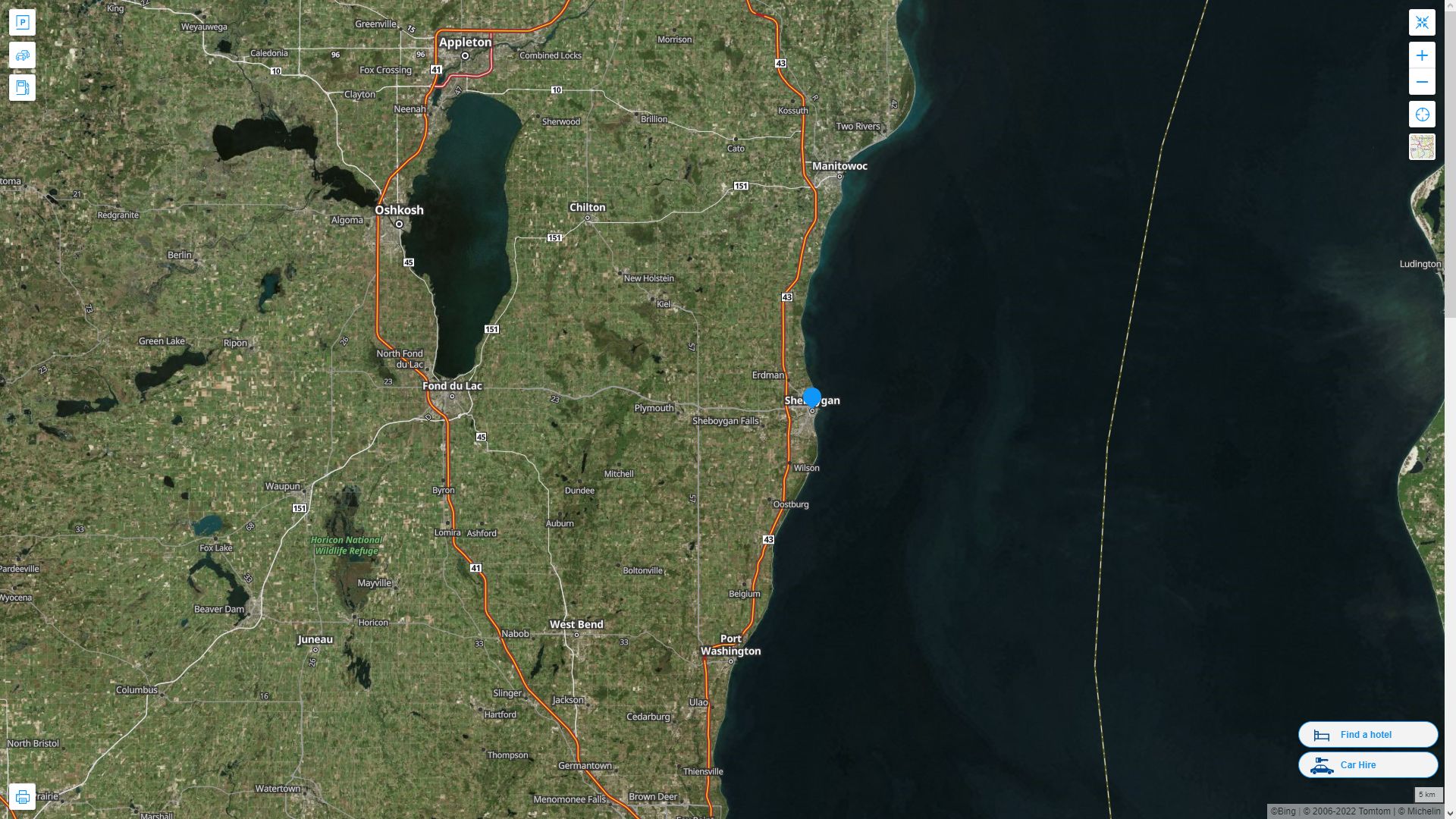 Sheboygan Wisconsin Highway and Road Map with Satellite View